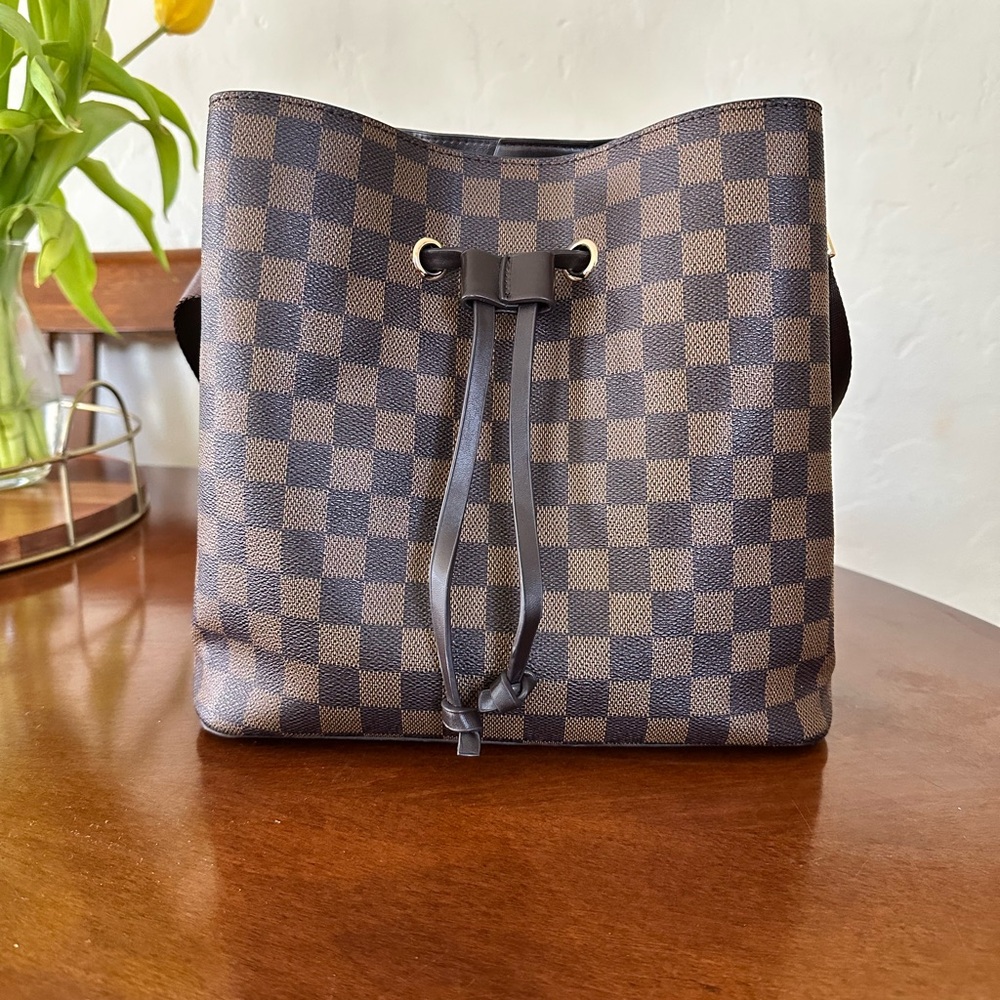 Brown and Black Checkered Shoulder Bag with Drawstring Closure